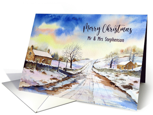 Customize Any Name on Christmas Winterly Lane Watercolor Painting card