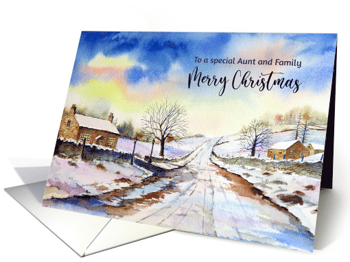 For Aunt and Family on Christmas Wintery Lane Watercolor Painting card