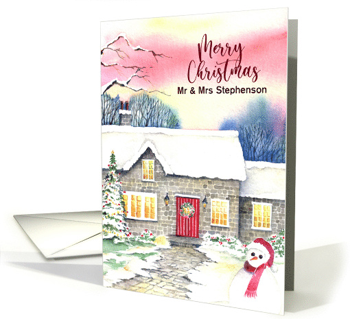 Customize Any Name on Christmas Snowy Cottage Watercolor Painting card