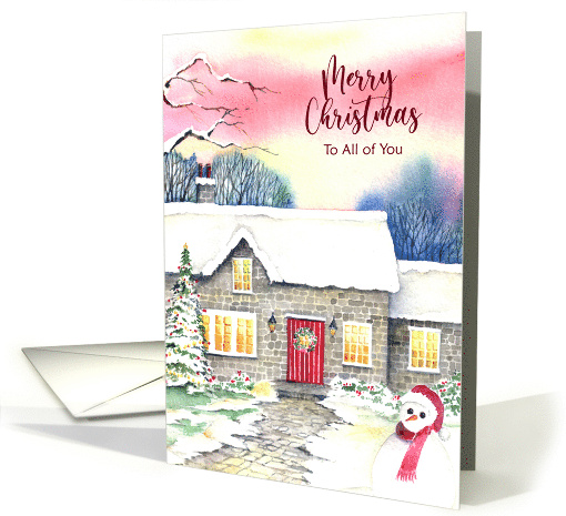 For All of You on Christmas Snowy Cottage Watercolor Painting card