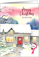 For All of You on Christmas Snowy Cottage Watercolor Painting card