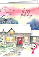 Happy Holidays Greetings Snowy Cottage Watercolor Painting card