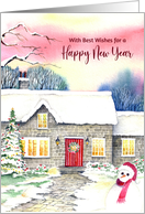 General Happy New Year Greetings Snowy Cottage Watercolor Painting card