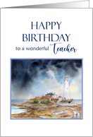 For Teacher on Birthday Whitley Bay St Mary’s Lighthouse Watercolor card