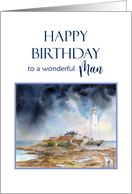 For Him on Birthday Whitley Bay St Mary’s Lighthouse Watercolor card