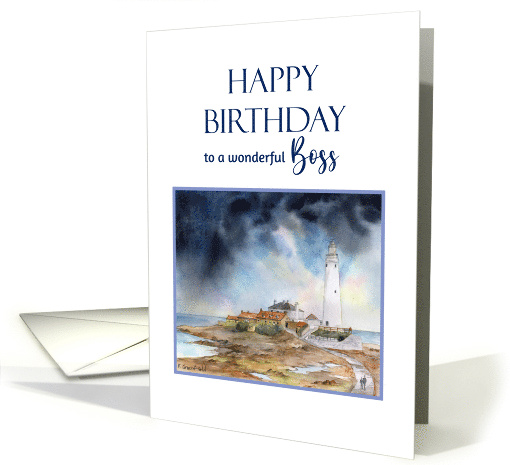 For Boss on Birthday Whitley Bay St Mary's Lighthouse Painting card