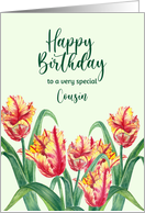 For Cousin on Birthday Watercolor Yellow Parrot Tulips Illustration card