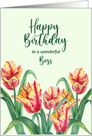 For Boss on Birthday Watercolor Yellow Parrot Tulips Illustration card