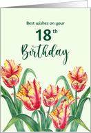 18th Birthday Wishes Watercolor Bright Yellow Parrot Tulips Painting card