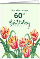 60th Birthday Wishes Watercolor Bright Yellow Parrot Tulips Painting card