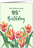 95th Birthday Wishes Watercolor Bright Yellow Parrot Tulips Painting card