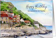 For Art Teacher on Birthday Runswick Bay Watercolor Landscape Painting card