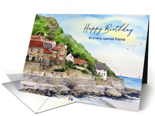 For Friend on Birthday Runswick Bay Watercolor Landscape Painting card