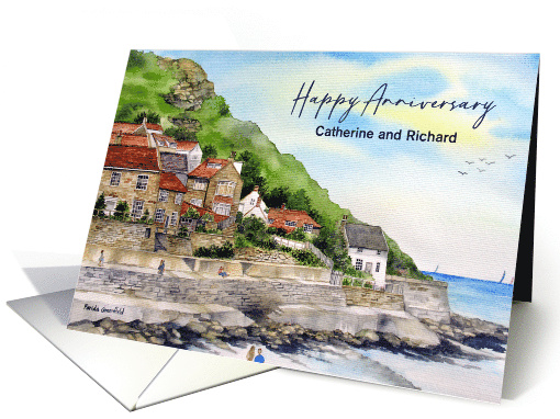 Customize Any Name on Wedding Anniversary Runswick Bay Watercolor card