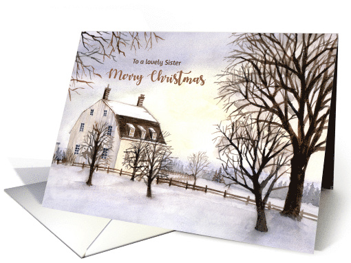 For Sister on Christmas Winter in New England Watercolor Painting card