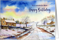 For Mum on Birthday Wintery Lane Watercolour Landscape Painting card