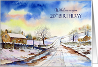 20th Birthday Wishes Wintery Lane Watercolor Landscape Painting card