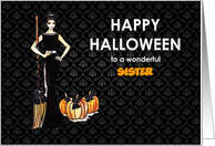 For Sister on Halloween Custom Lady Witch with Broom and Pumpkin card