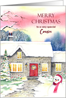 For Cousin on Christmas Snowy Cottage Watercolor Painting card