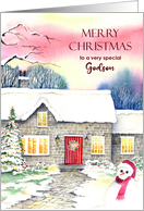 For Godson on Christmas Snowy Cottage Watercolor Painting card