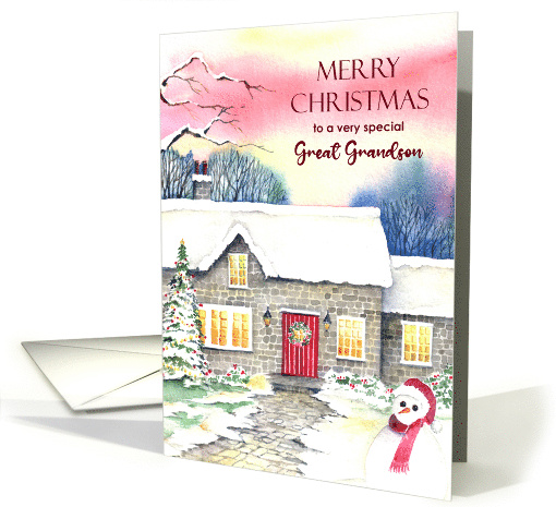 For Great Grandson on Christmas Snowy Cottage Watercolor Painting card