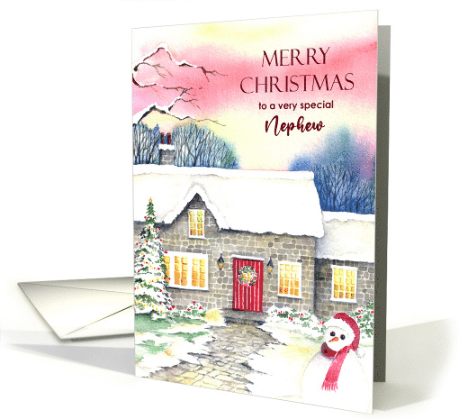 For Nephew on Christmas Snowy Cottage Watercolor Painting card