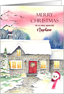 For Nephew on Christmas Snowy Cottage Watercolor Painting card