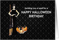 General Happy Halloween Birthday Lady Witch with Broom and Pumpkin card