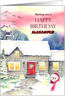 For Alexander Birthday Snowy Cottage Custom Watercolor Painting card
