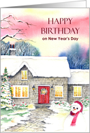 Happy Birthday on New Year’s Day Snowy Cottage Watercolor Painting card