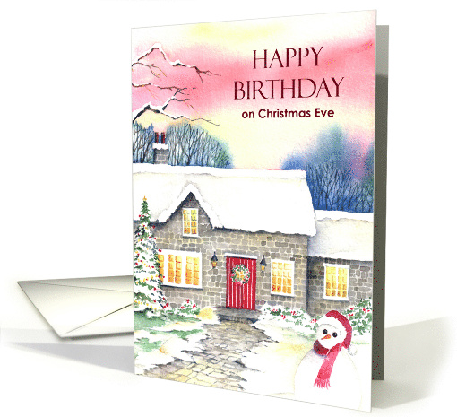 Happy Birthday on Christmas Eve Snowy Cottage Watercolor Painting card
