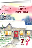 For 7th Birthday Snowman Snowy Cottage Watercolor Winter Painting card