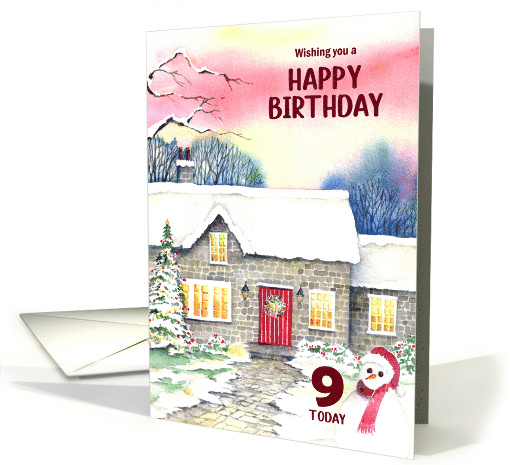 For 9th Birthday Snowman Snowy Cottage Watercolor Winter Painting card