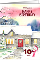 For 10th Birthday Snowman Snowy Cottage Watercolor Winter Painting card