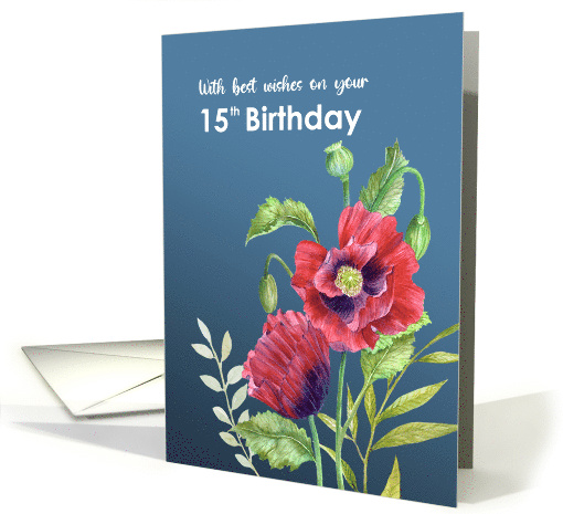 For 15th Birthday Red Poppies Watercolor Botanical Flower... (1793780)