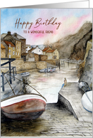 For Friend on Birthday Staithes Watercolor Landscape Painting card