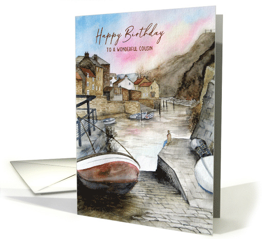 For Cousin on Birthday Staithes England Coast Watercolor Painting card