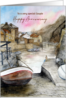 For A Couple Happy Anniversary Staithes England Watercolour Painting card