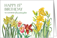 For Granddaughter on 15th Birthday Spring Flowers Watercolor Painting card