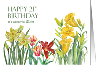 For Sister on 21st Birthday Spring Flowers Watercolor Painting card