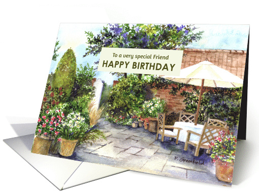 For Friend on Birthday Terrace of Manor House Garden Watercolor card