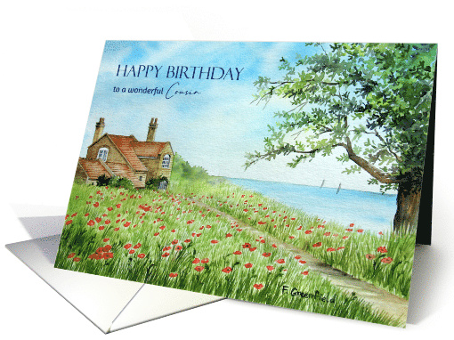 For Cousin on Birthday Poppy Field Landscape Watercolor Painting card