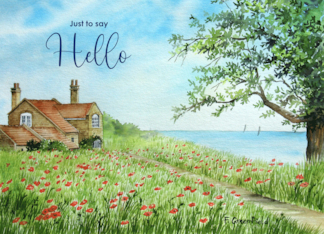 Just to Say Hello Poppy Field Watercolour Coastal Landscape Painting