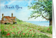 General Thank You Poppy Field Seaside Cottage Watercolor Landscape card