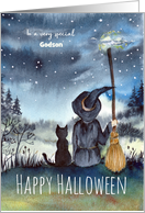 For Godson on Halloween Custom Black Cat and Witch Watercolor card