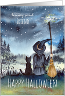 For Friend on Halloween Black Cat and The Witch Watercolor Painting card