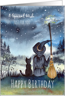 General Happy Birthday Black Cat and The Witch Under Starry Night card