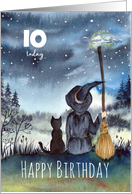 For 10th Birthday Black Cat and The Witch under Starry Night card
