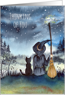 Thinking of You Black Cat and The Witch under Starry Night Watercolor card
