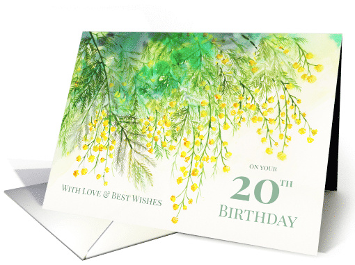 For 20th Birthday Yellow Mimosa Botanical Watercolor Painting card